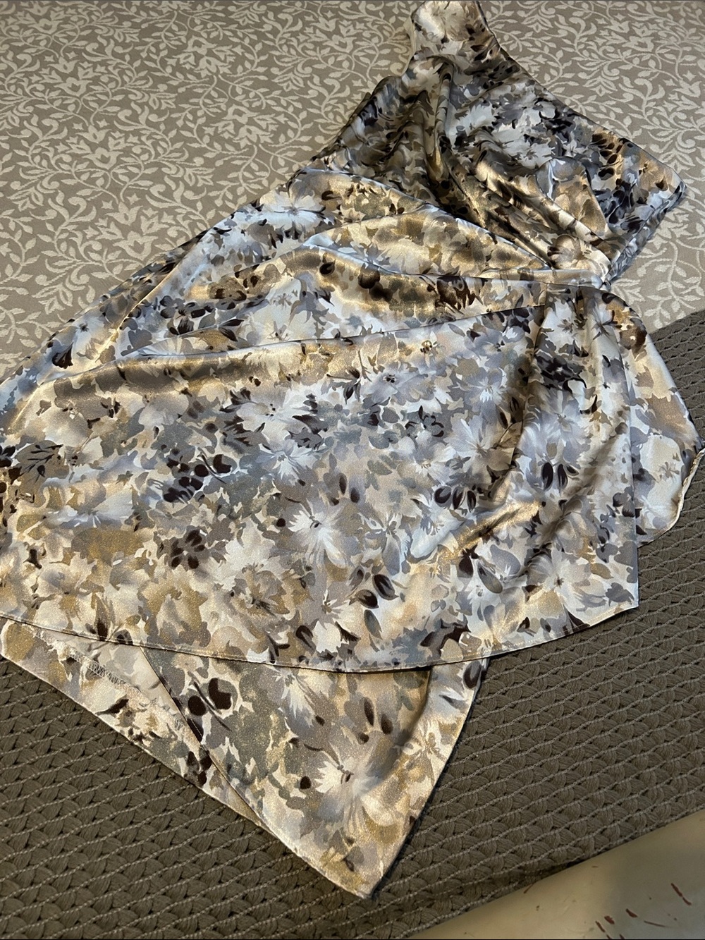 London Style One-Shoulder Floral Satin Dress in Silver and Taupe